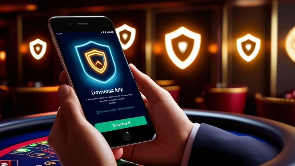 Bezpieczne pobieranie pliku APK na telefonie w ciemnym otoczeniu kasyna